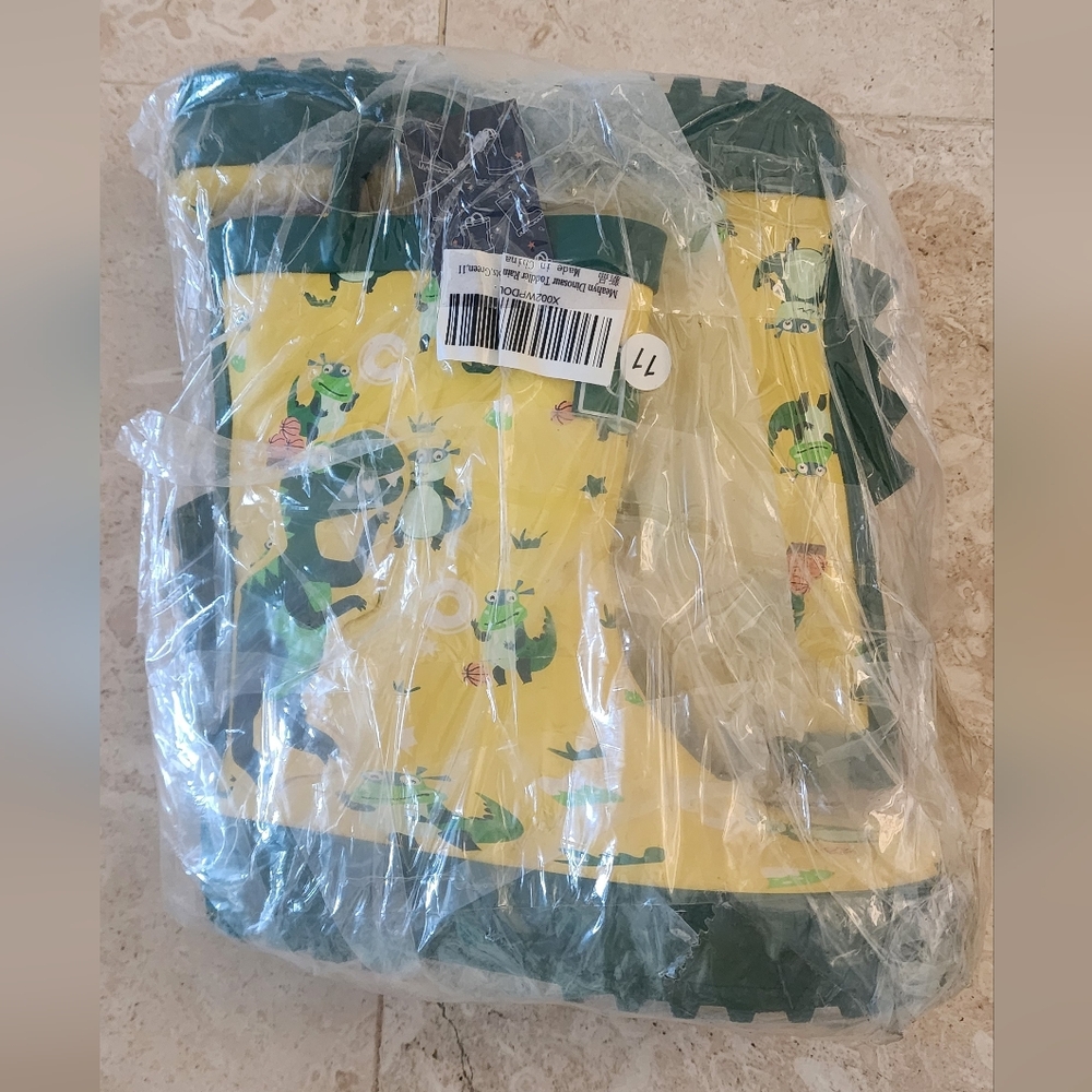Kids Dinosaur Rain Boots - Green and Yellow - Picture 2 of 2